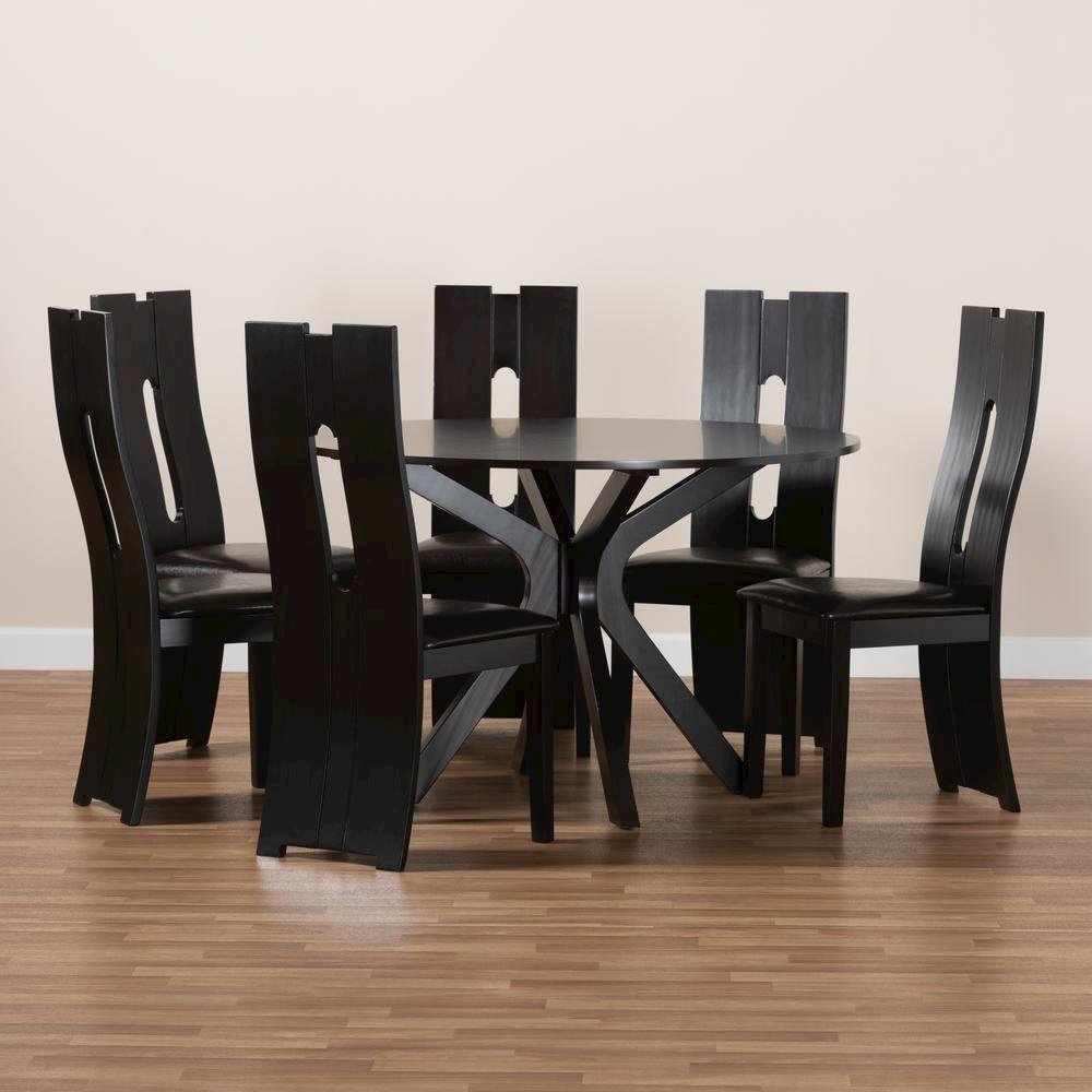 Leather Upholstered and Dark Brown Finished Wood 7-Piece Dining Set