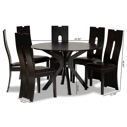 Leather Upholstered and Dark Brown Finished Wood 7-Piece Dining Set