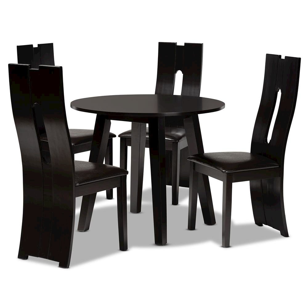 Leather Upholstered and Dark Brown Finished Wood 5-Piece Dining Set
