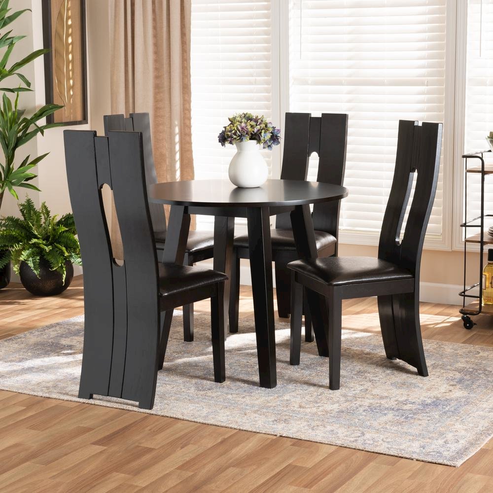 Leather Upholstered and Dark Brown Finished Wood 5-Piece Dining Set