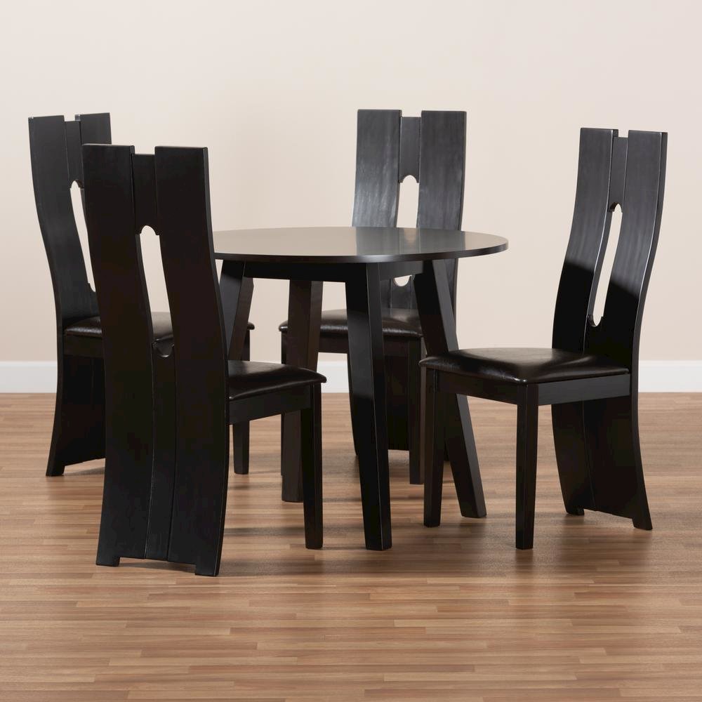 Leather Upholstered and Dark Brown Finished Wood 5-Piece Dining Set