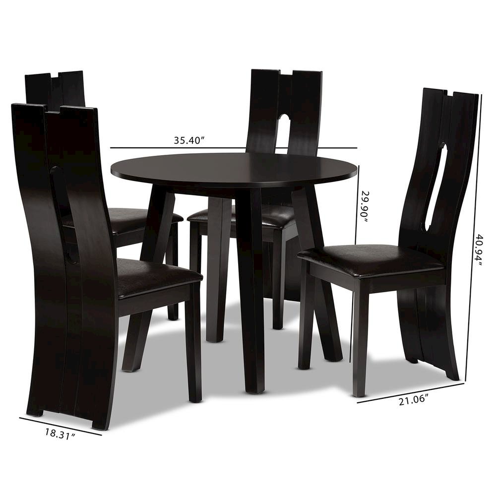 Leather Upholstered and Dark Brown Finished Wood 5-Piece Dining Set