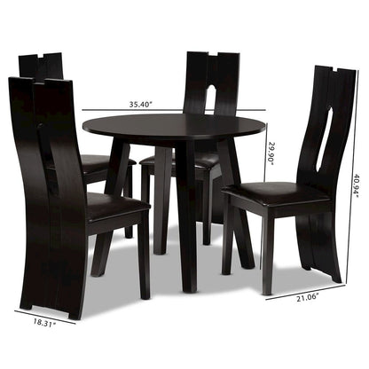 Leather Upholstered and Dark Brown Finished Wood 5-Piece Dining Set