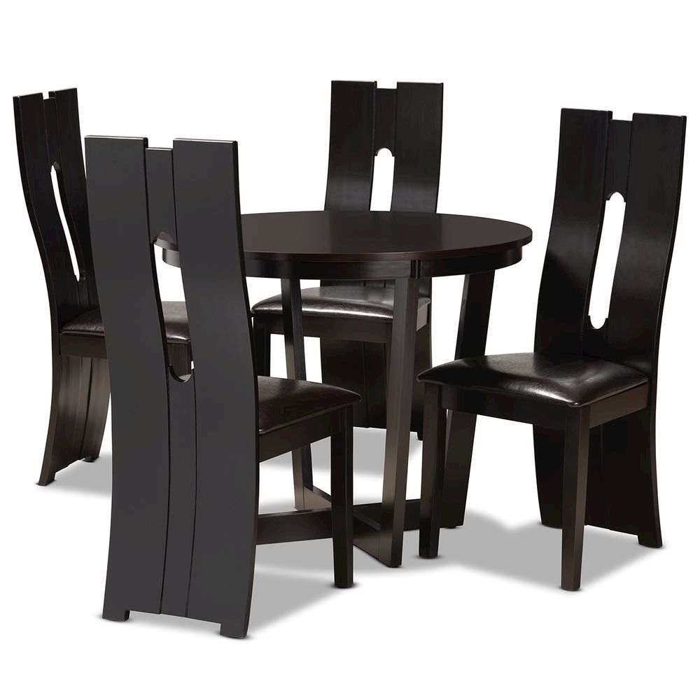 Leather Upholstered and Dark Brown Finished Wood 5-Piece Dining Set