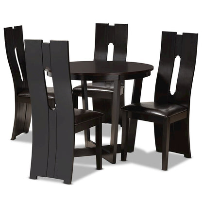 Leather Upholstered and Dark Brown Finished Wood 5-Piece Dining Set