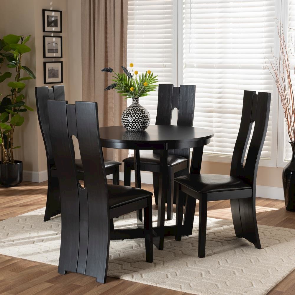 Leather Upholstered and Dark Brown Finished Wood 5-Piece Dining Set