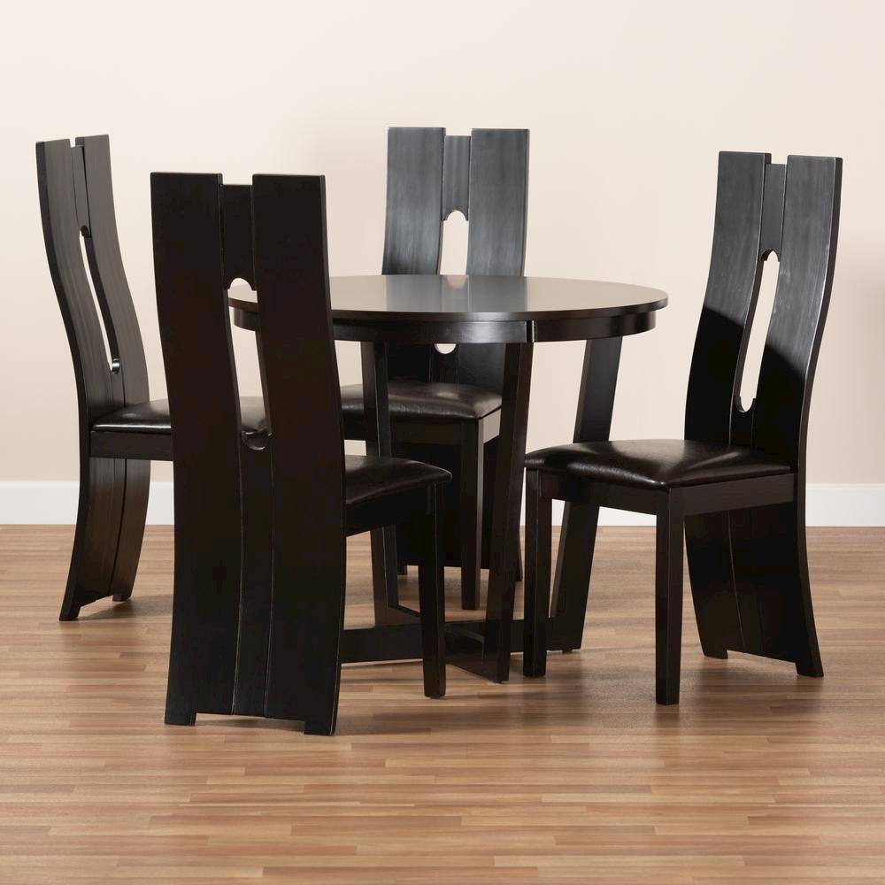 Leather Upholstered and Dark Brown Finished Wood 5-Piece Dining Set