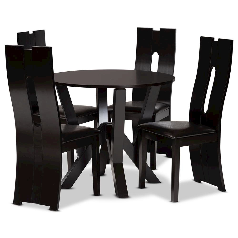 Leather Upholstered and Dark Brown Finished Wood 5-Piece Dining Set