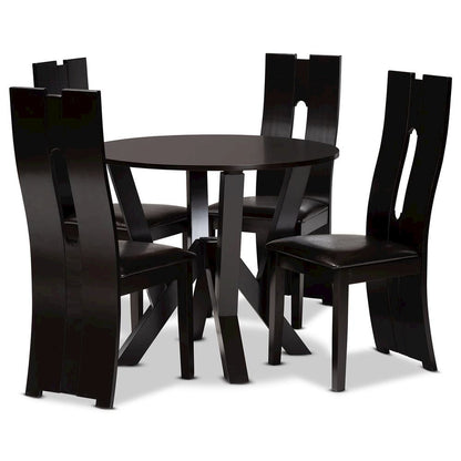 Leather Upholstered and Dark Brown Finished Wood 5-Piece Dining Set