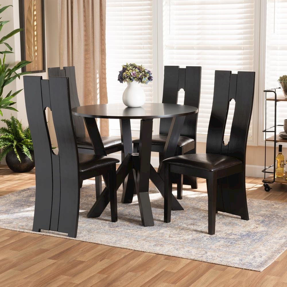 Leather Upholstered and Dark Brown Finished Wood 5-Piece Dining Set