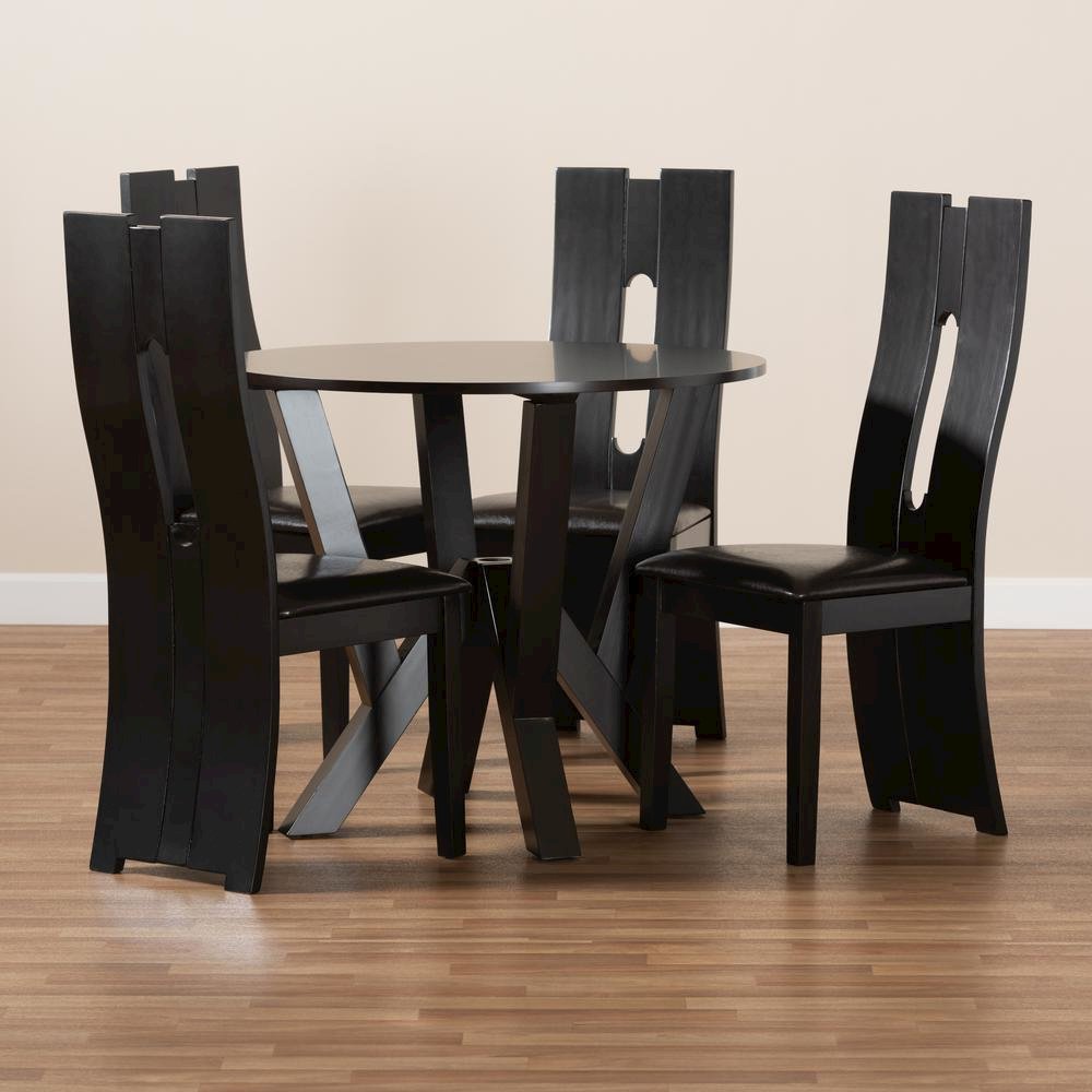 Leather Upholstered and Dark Brown Finished Wood 5-Piece Dining Set