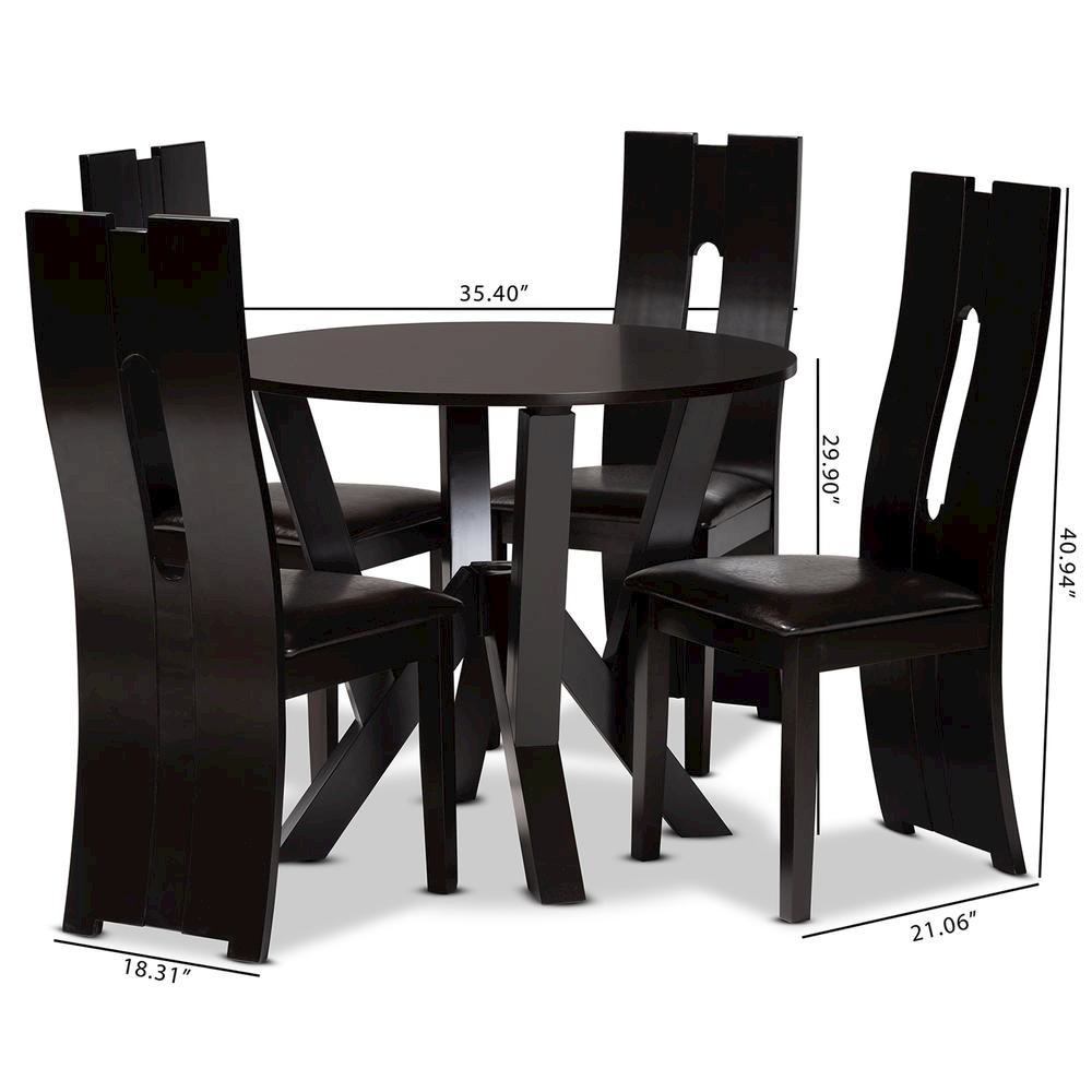 Leather Upholstered and Dark Brown Finished Wood 5-Piece Dining Set