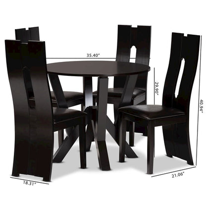 Leather Upholstered and Dark Brown Finished Wood 5-Piece Dining Set