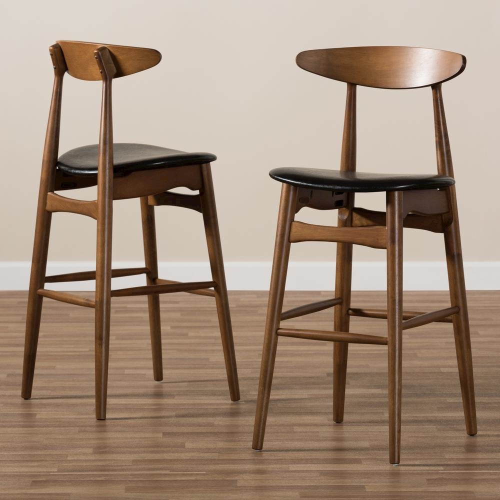 Leather Upholstered Walnut Finished Bar Stool (Set of 2)
