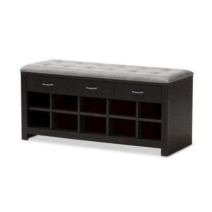 Espresso Finished Grey Fabric Upholstered Cushioned Entryway Bench