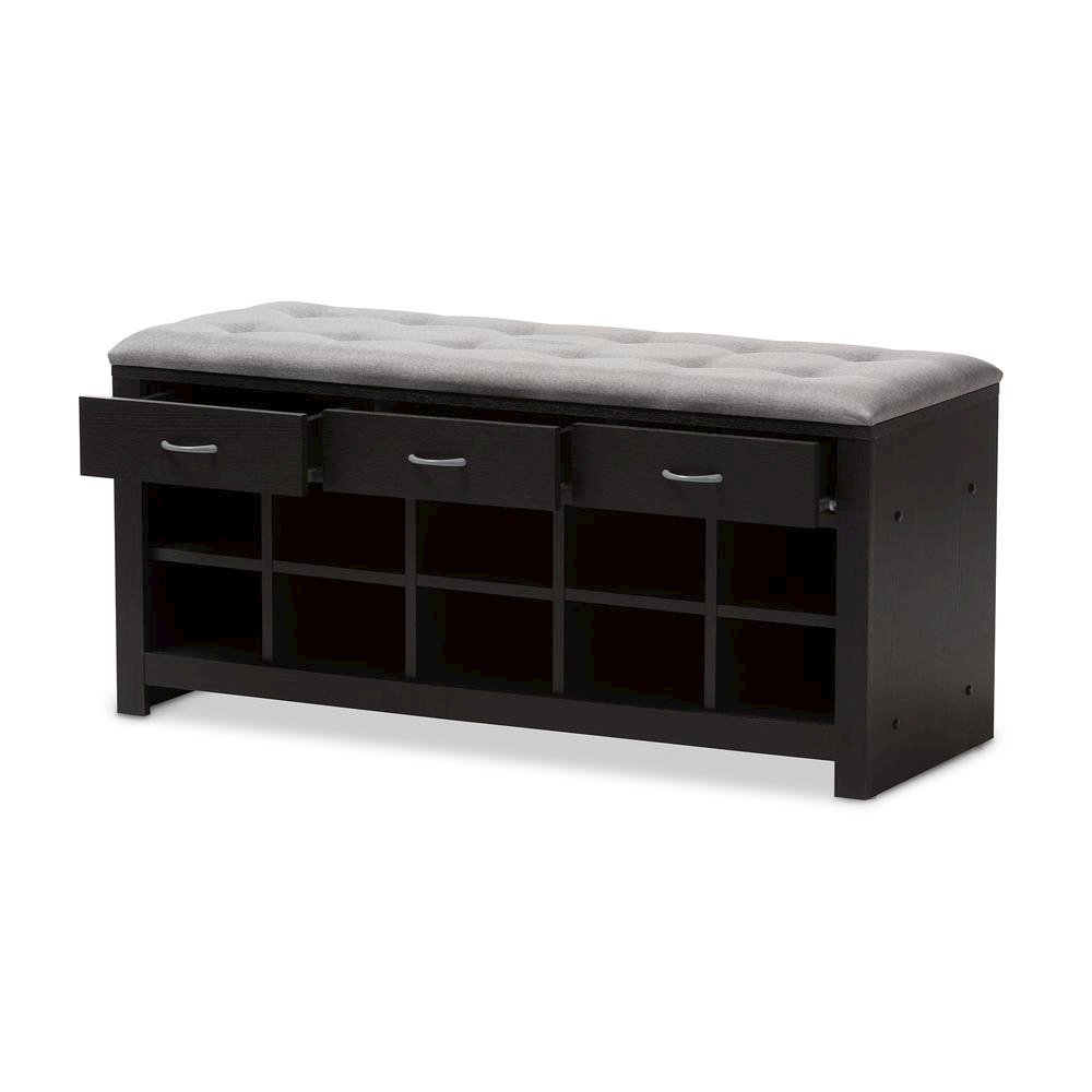 Espresso Finished Grey Fabric Upholstered Cushioned Entryway Bench