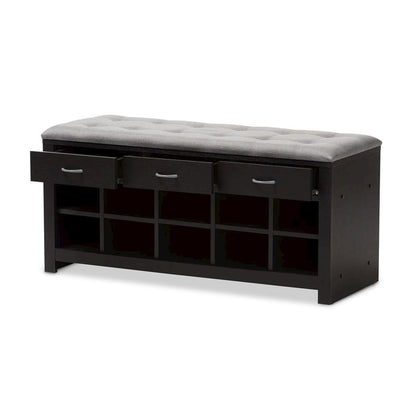 Espresso Finished Grey Fabric Upholstered Cushioned Entryway Bench