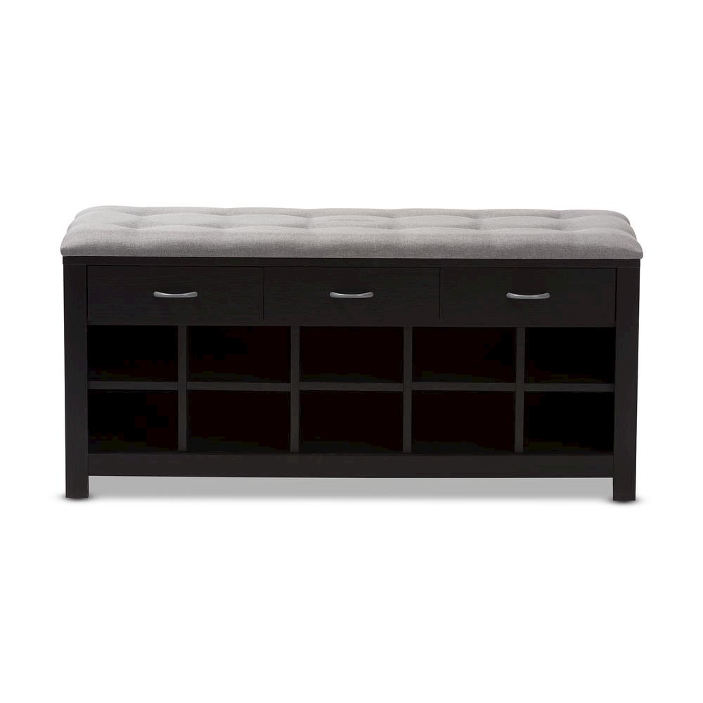 Espresso Finished Grey Fabric Upholstered Cushioned Entryway Bench