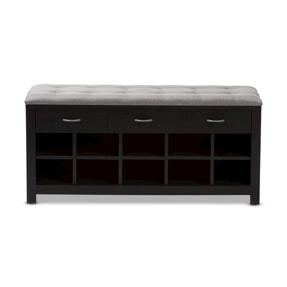 Espresso Finished Grey Fabric Upholstered Cushioned Entryway Bench