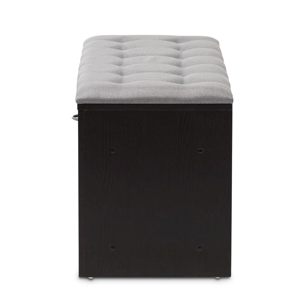 Espresso Finished Grey Fabric Upholstered Cushioned Entryway Bench