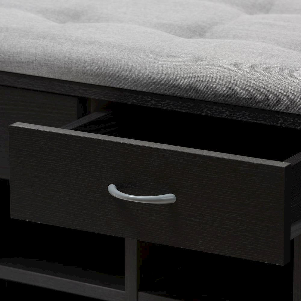 Espresso Finished Grey Fabric Upholstered Cushioned Entryway Bench