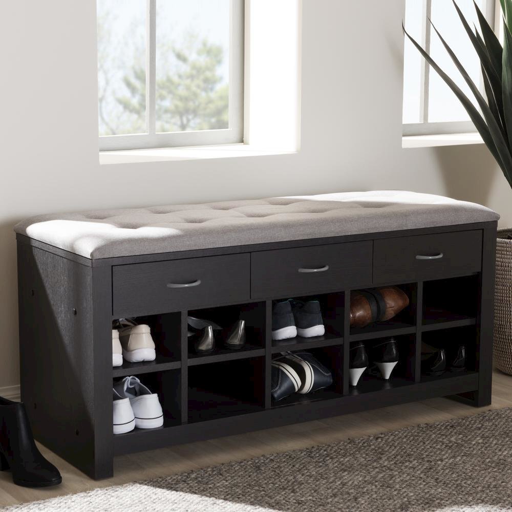 Espresso Finished Grey Fabric Upholstered Cushioned Entryway Bench