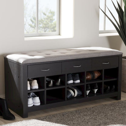 Espresso Finished Grey Fabric Upholstered Cushioned Entryway Bench