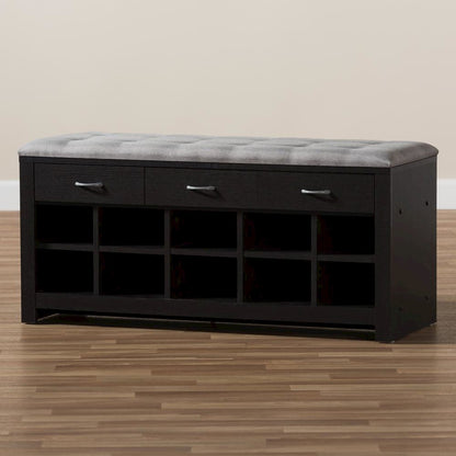 Espresso Finished Grey Fabric Upholstered Cushioned Entryway Bench