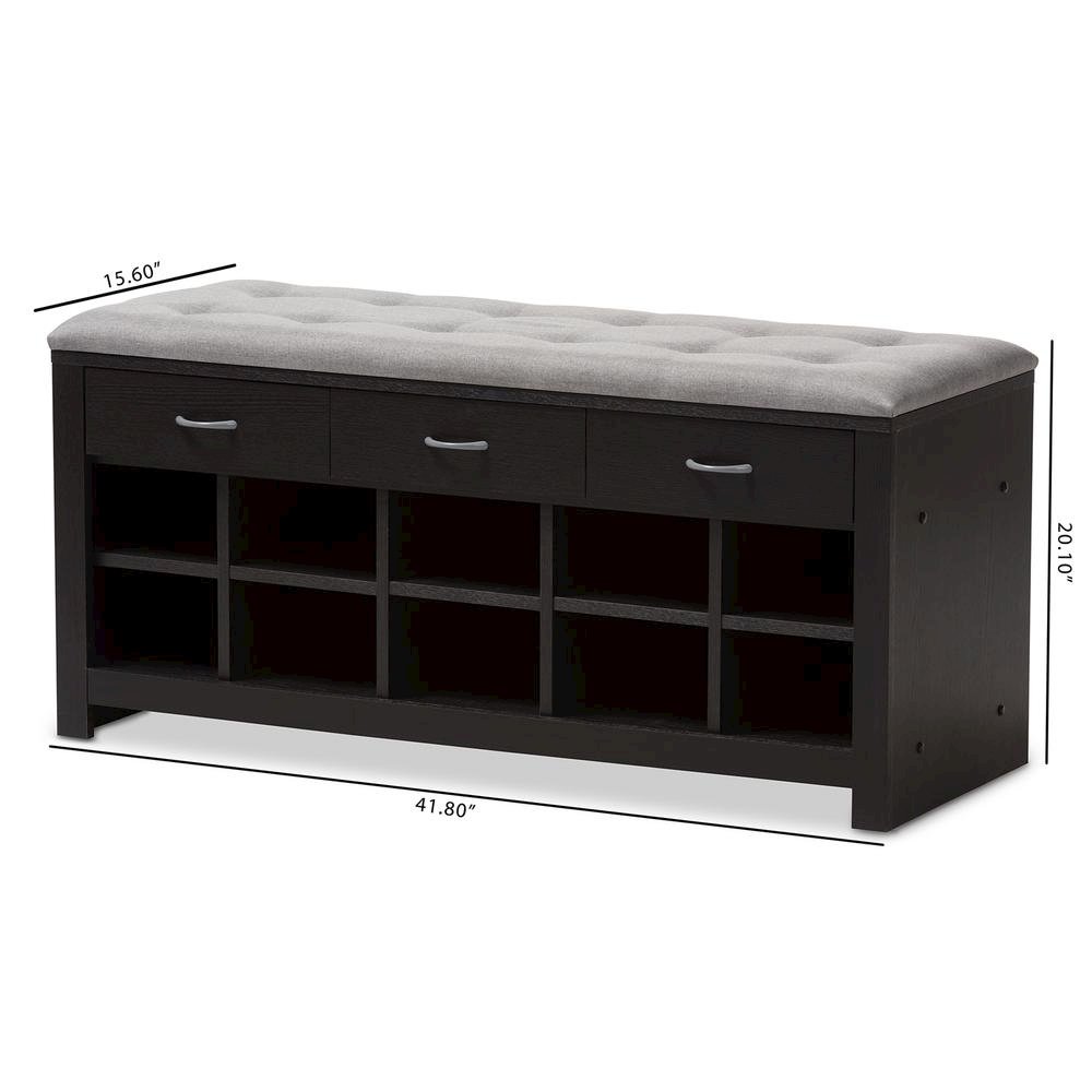 Espresso Finished Grey Fabric Upholstered Cushioned Entryway Bench