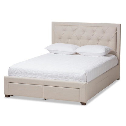 Light Beige Fabric Upholstered Queen Size Storage Bed
