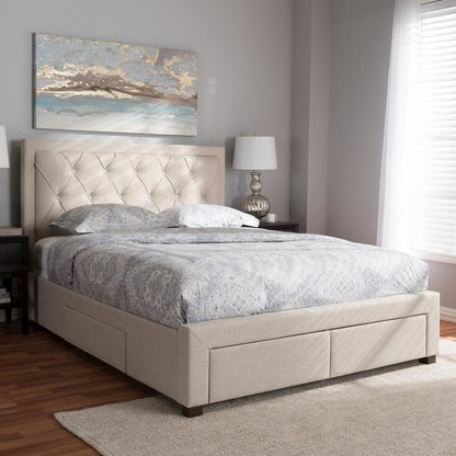Light Beige Fabric Upholstered Queen Size Storage Bed