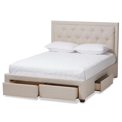 Light Beige Fabric Upholstered Queen Size Storage Bed