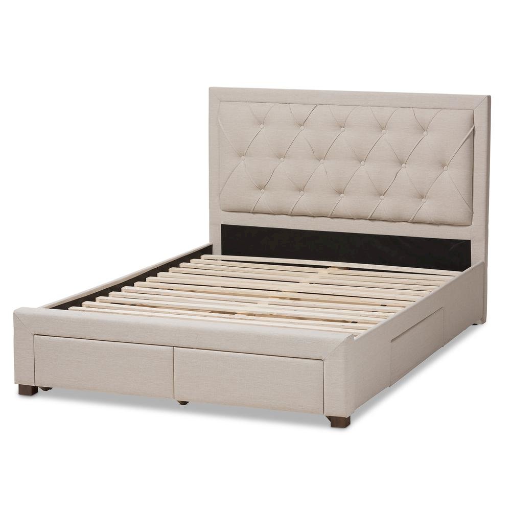 Light Beige Fabric Upholstered Queen Size Storage Bed