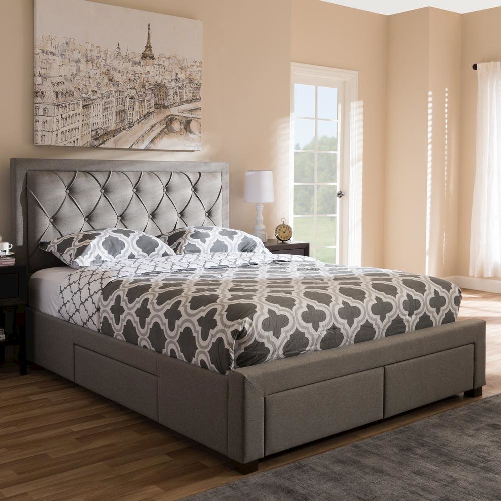 Light Grey Fabric Upholstered Queen Size Storage Bed