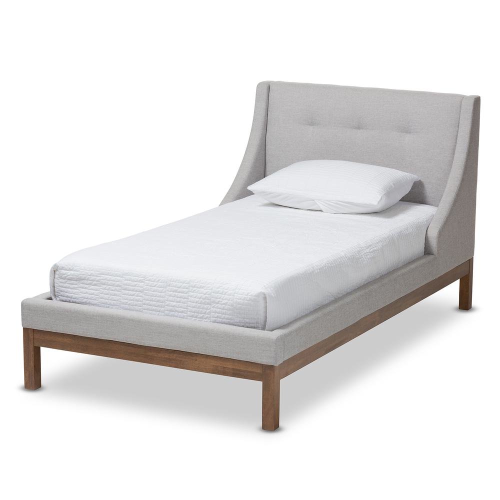 Greyish Beige Fabric Upholstered Walnut-Finished Twin Sized Platform Bed