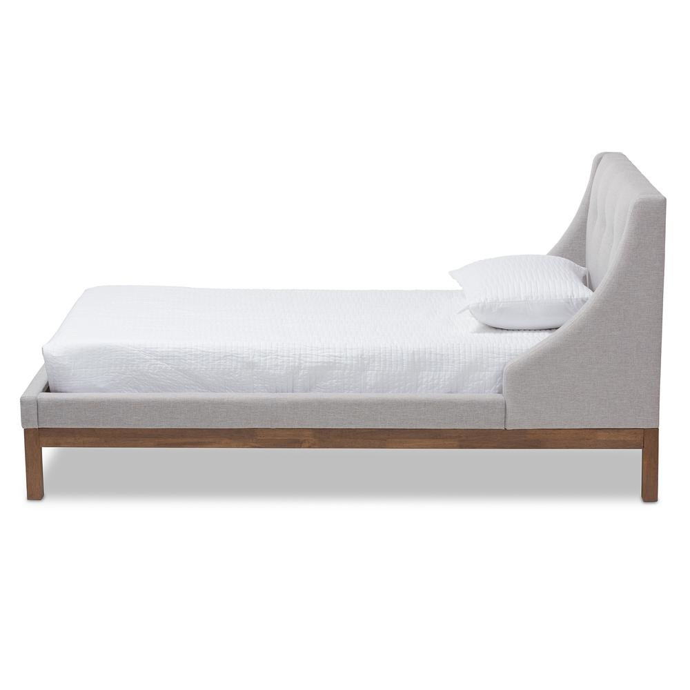 Greyish Beige Fabric Upholstered Walnut-Finished Twin Sized Platform Bed