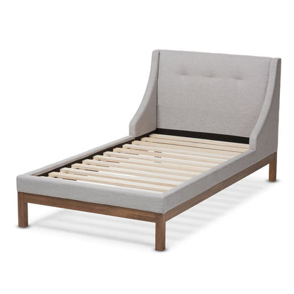 Greyish Beige Fabric Upholstered Walnut-Finished Twin Sized Platform Bed
