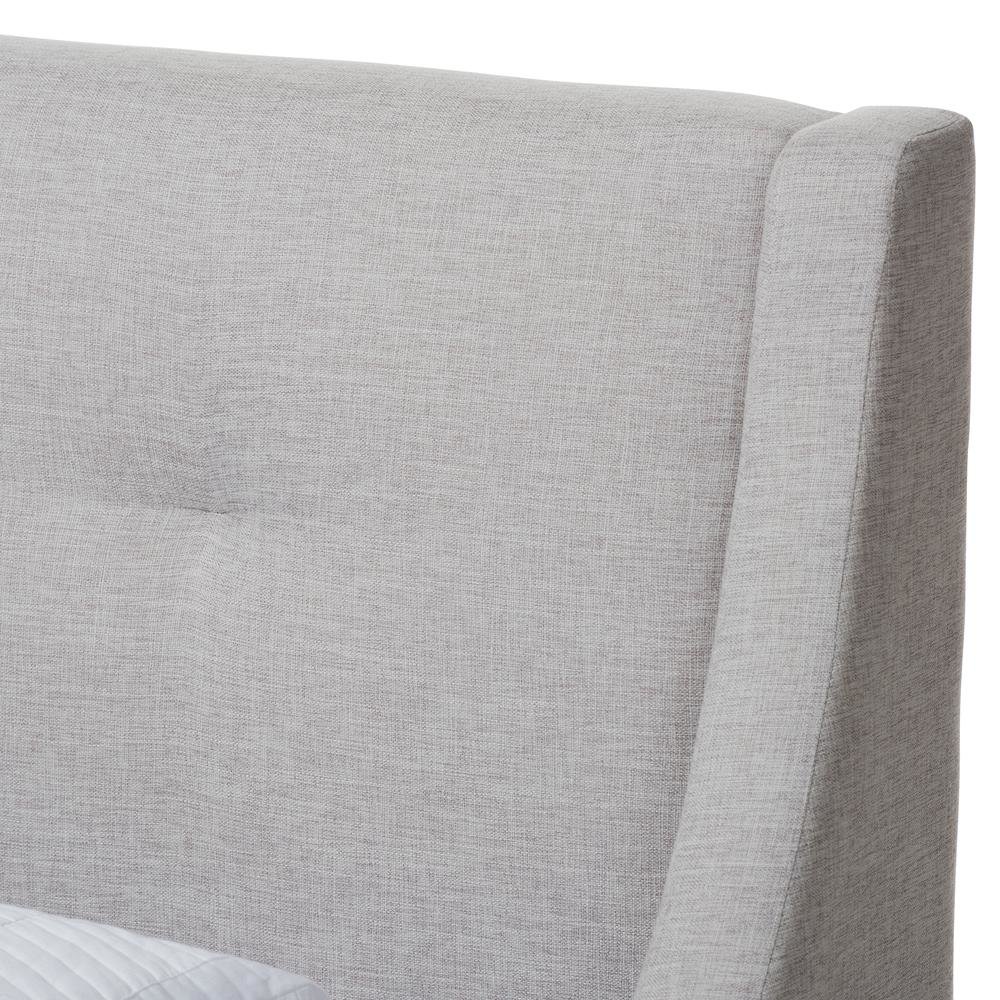 Greyish Beige Fabric Upholstered Walnut-Finished Twin Sized Platform Bed