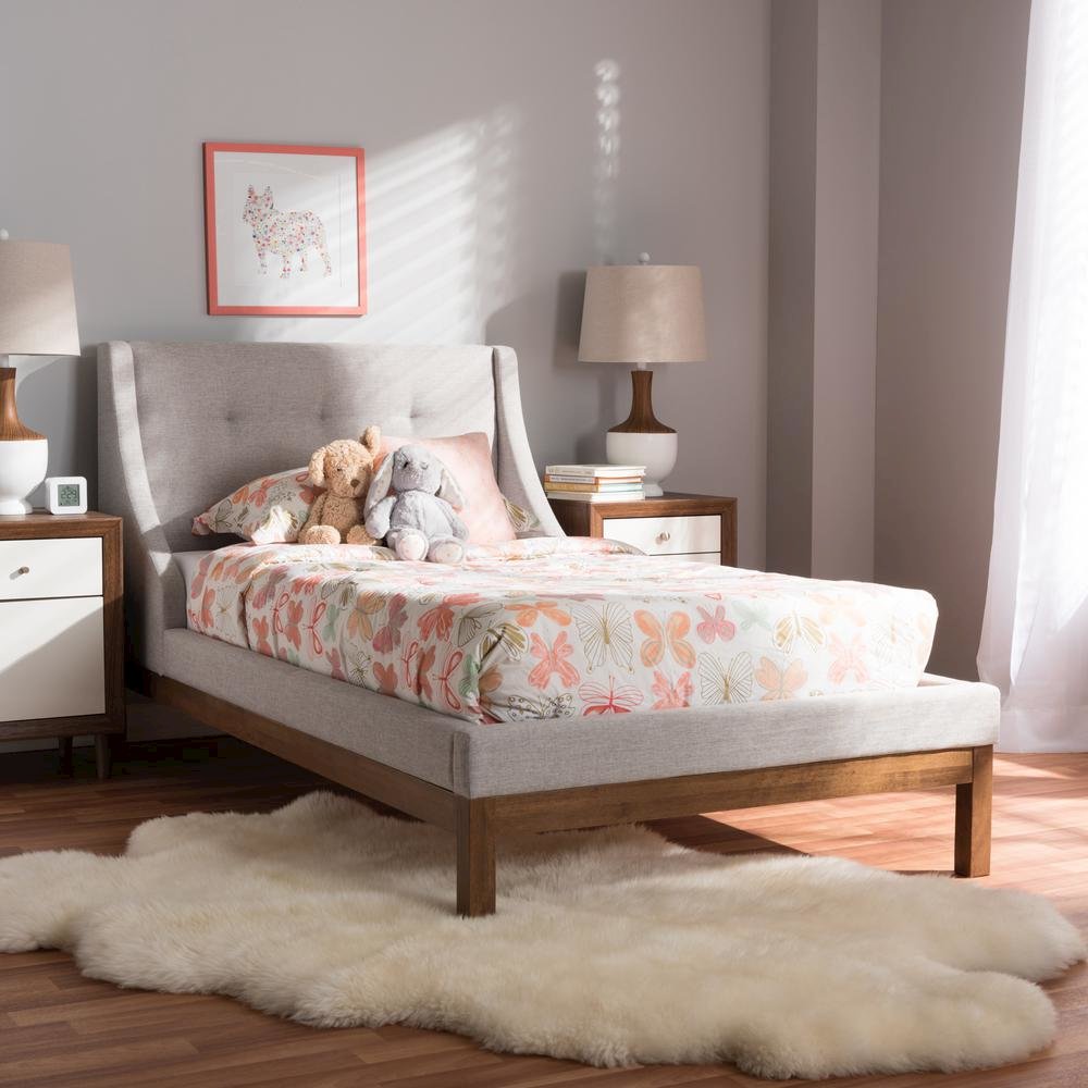 Greyish Beige Fabric Upholstered Walnut-Finished Twin Sized Platform Bed