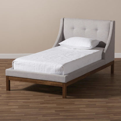 Greyish Beige Fabric Upholstered Walnut-Finished Twin Sized Platform Bed