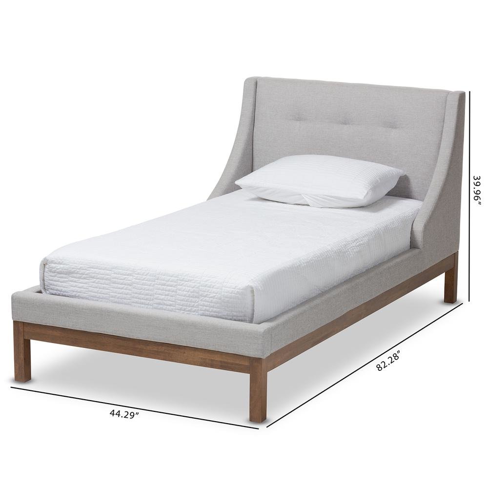 Greyish Beige Fabric Upholstered Walnut-Finished Twin Sized Platform Bed