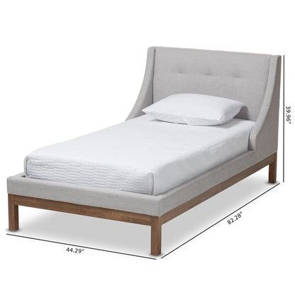 Greyish Beige Fabric Upholstered Walnut-Finished Twin Sized Platform Bed