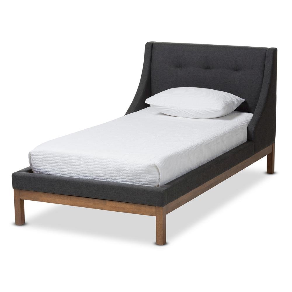 Dark Grey Fabric Upholstered Walnut-Finished Twin Sized Platform Bed