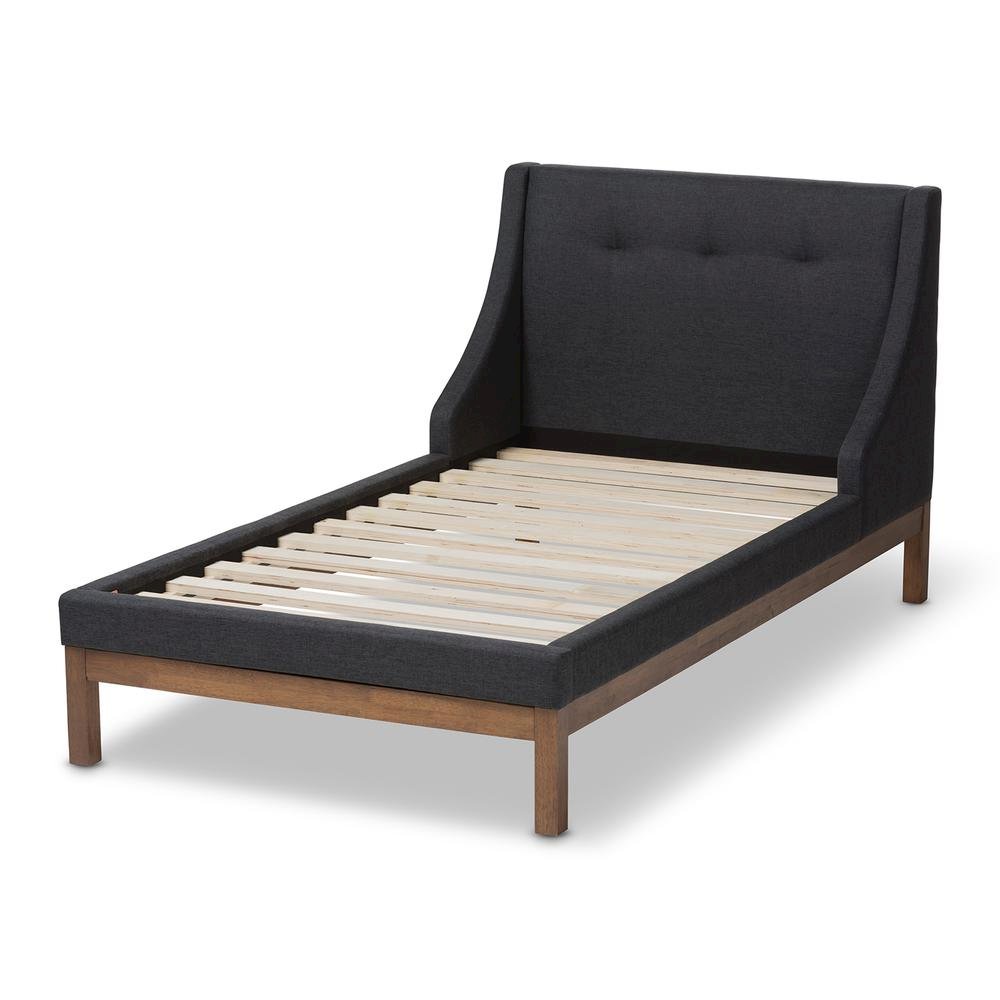 Dark Grey Fabric Upholstered Walnut-Finished Twin Sized Platform Bed