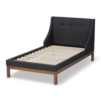 Dark Grey Fabric Upholstered Walnut-Finished Twin Sized Platform Bed