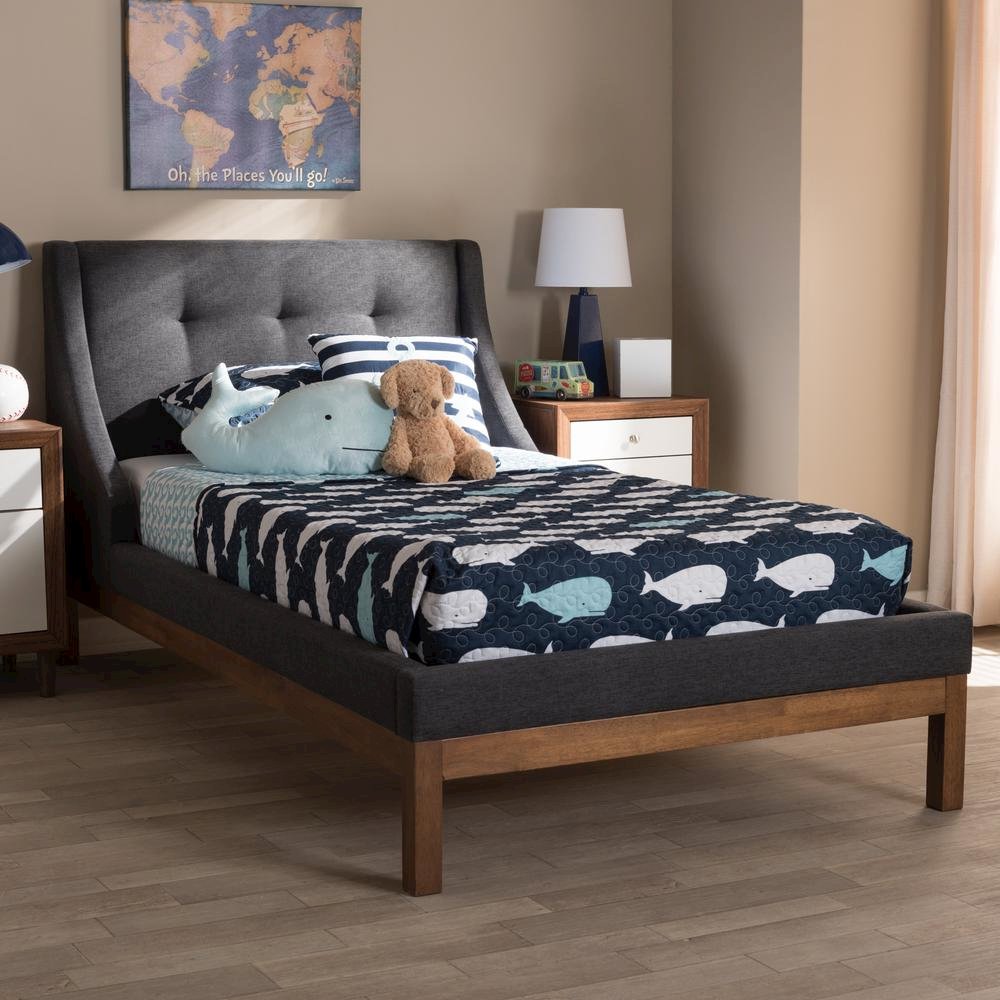 Dark Grey Fabric Upholstered Walnut-Finished Twin Sized Platform Bed