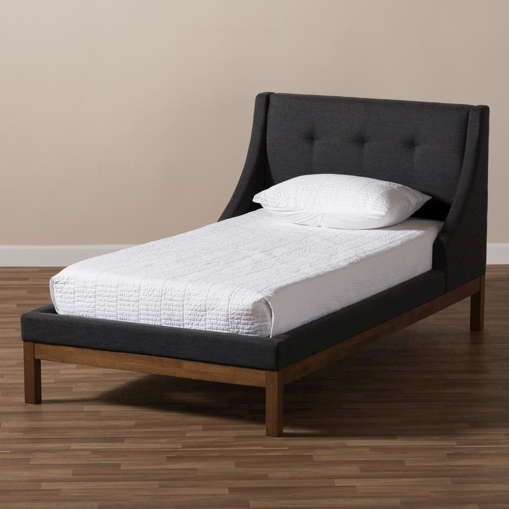 Dark Grey Fabric Upholstered Walnut-Finished Twin Sized Platform Bed