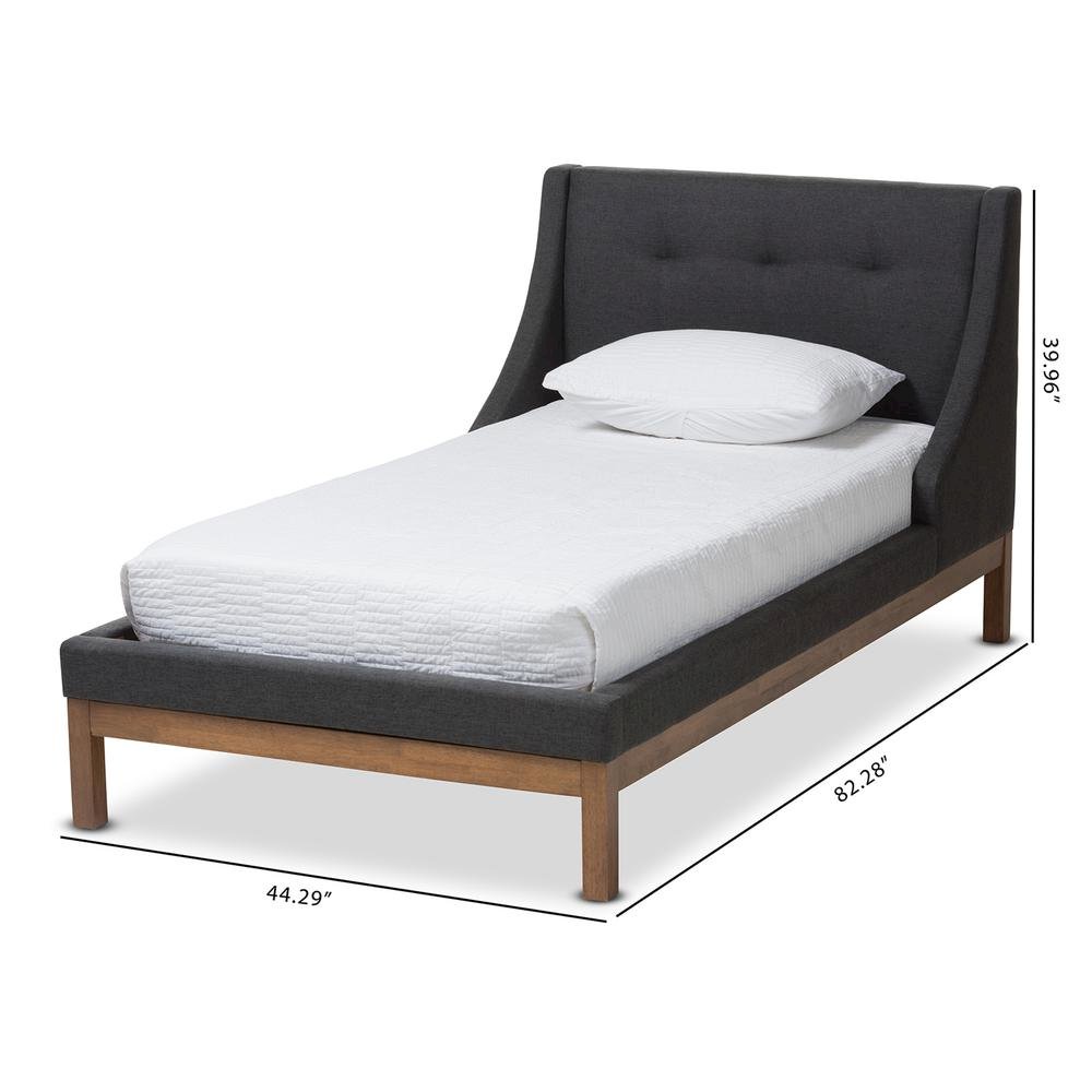 Dark Grey Fabric Upholstered Walnut-Finished Twin Sized Platform Bed