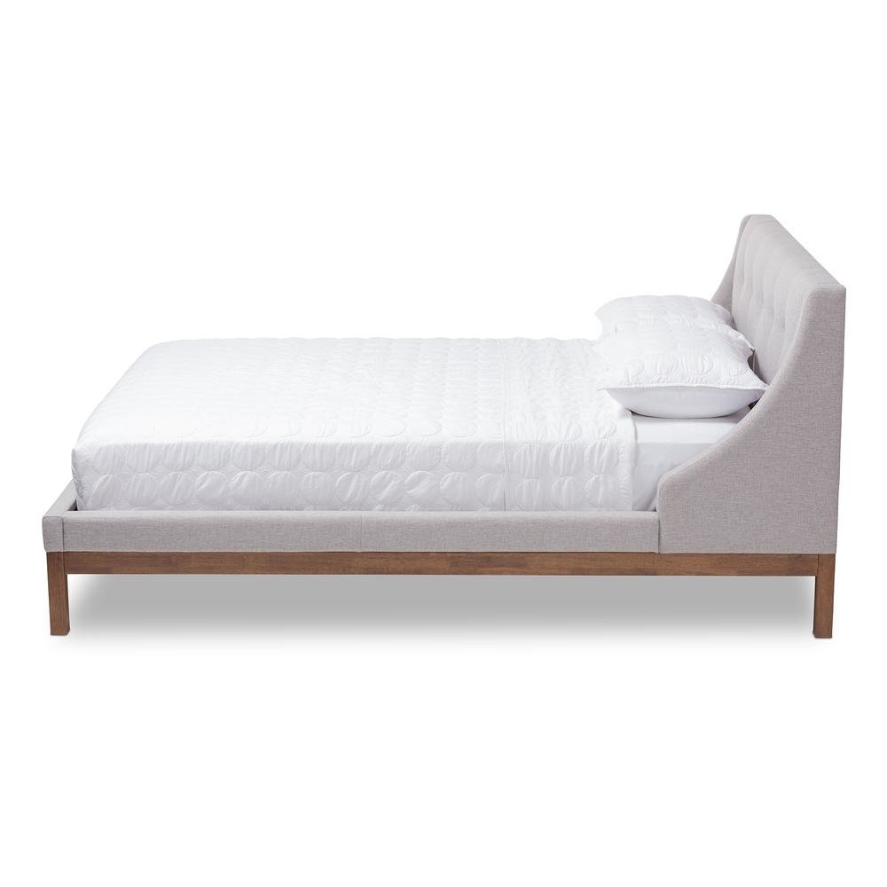 Greyish Beige Fabric Upholstered Walnut-Finished Full Sized Platform Bed