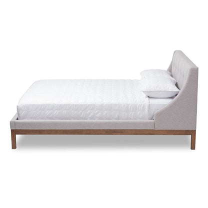 Greyish Beige Fabric Upholstered Walnut-Finished Full Sized Platform Bed